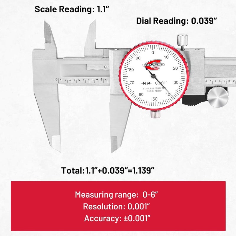 Standard Gage أداة قياس كاليبر دial SAE بمدى 0-6"، ميكرومتر دقيق تناظري بدقة ±0.001"، كاليبر معدني ميكانيكي يدوي من الفولاذ المقاوم للصدأ مع قياسات بأربعة اتجاهات - Image 3